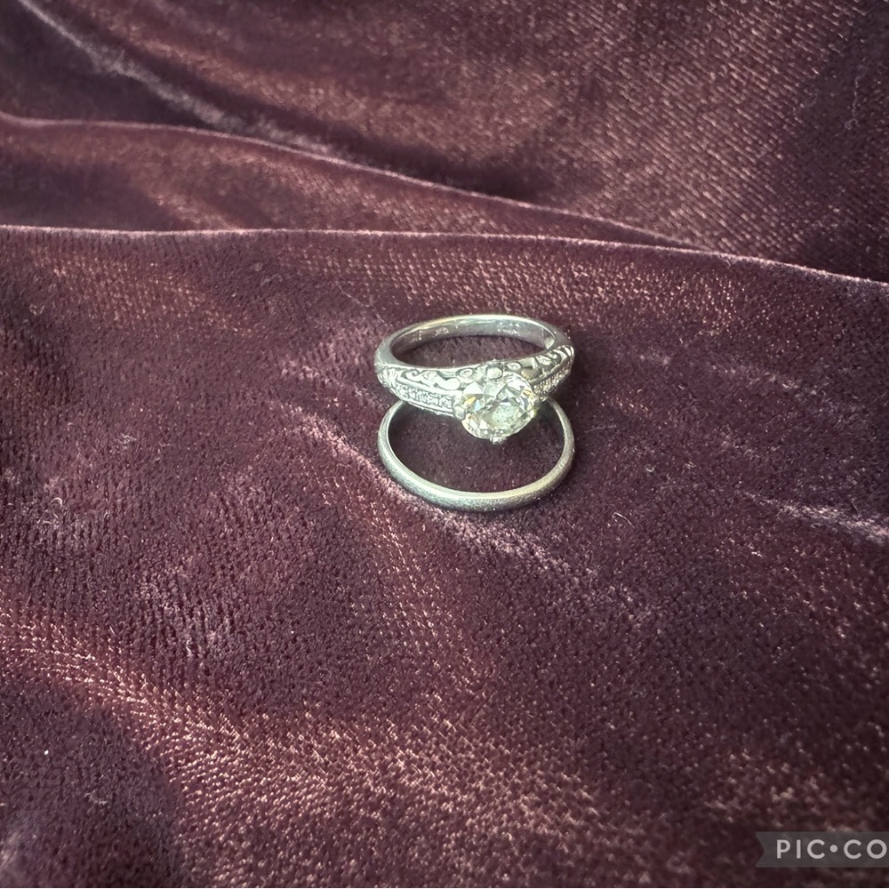 Antique European Cut Diamond Engagement Ring+ Contour Band Platinum 1.25c